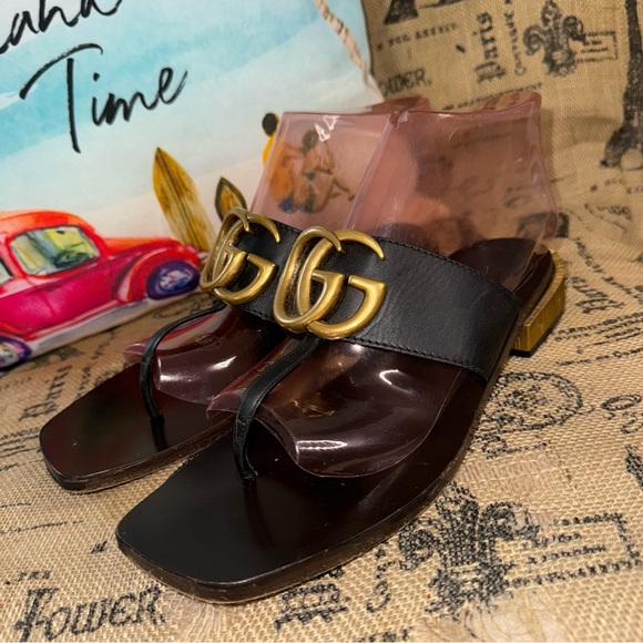 Gucci Marmont  Black Leather Thong Sandals Size 38.5
100% Authentic - Picture 3 of 12